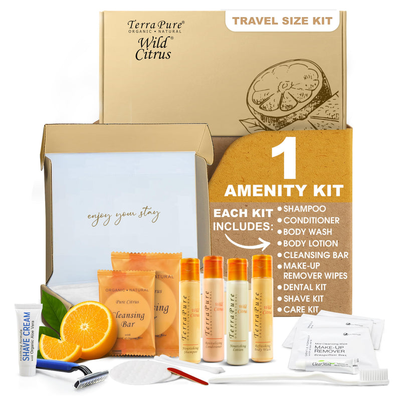 Terra Pure Amenity & Accessory Kit |1 oz Travel Size Shampoo, Conditioner, Lotion, Body Wash, 2 Cleansing Bars, Shave & Dental Sets, Make-Up Remover Wipes, & Vanity Kit | 1 set per case
