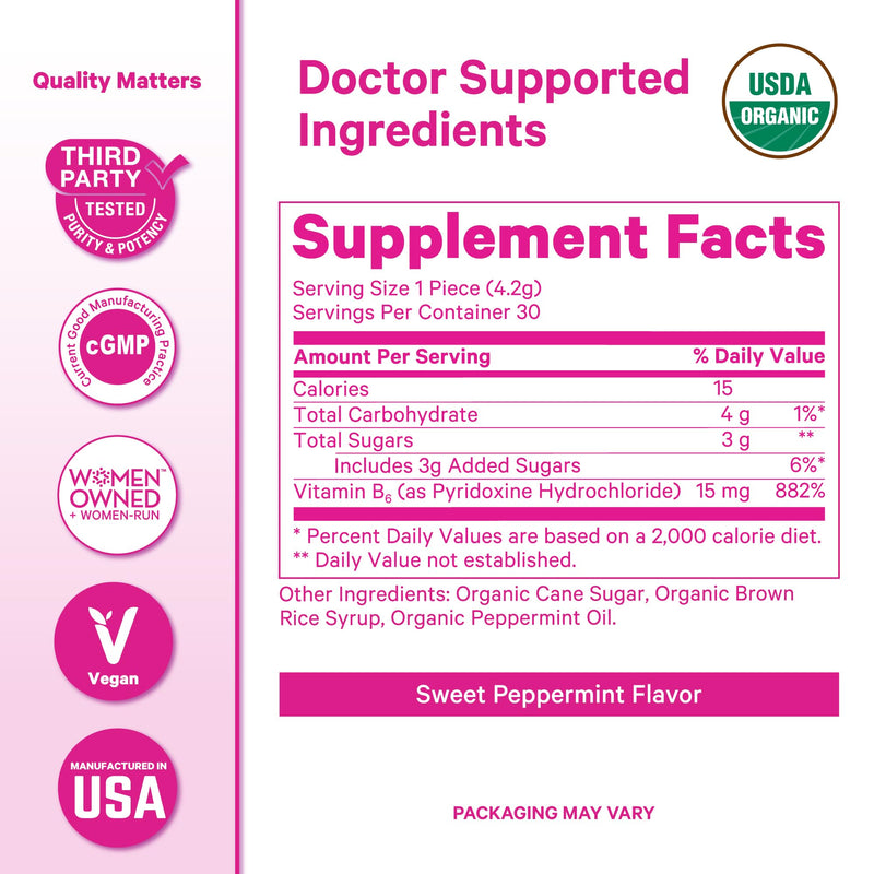 Pink Stork Organic Peppermint Sweets, Peppermint, 30 Candies | Morning Sickness Support, Motion Sickness Support, Added Vitamin B6, 1st Trimester Pregnancy Must Haves, Wrapped Mint