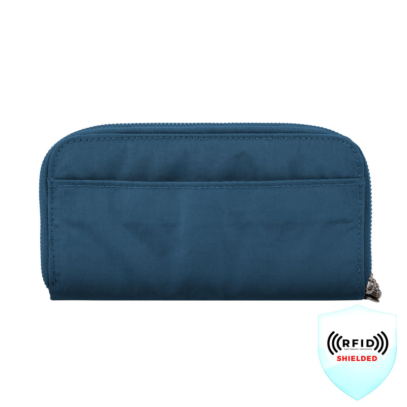 Travelon RFID Blocking Double Zip Wallet Blue 7.5”W x 4”H x 1.25”D