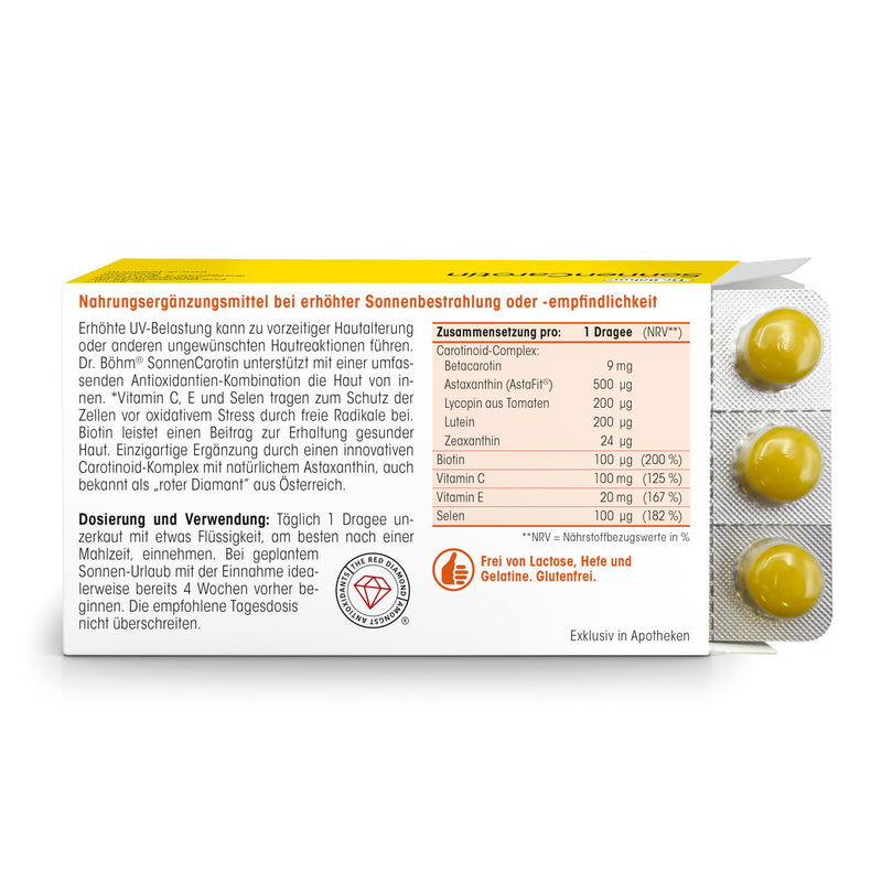 [Australia] - Dr. Böhm SonnenCarotene: Cell protection complex with beta-carotene for the skin, with increased UV exposure and sun sensitivity, 60 dragees 