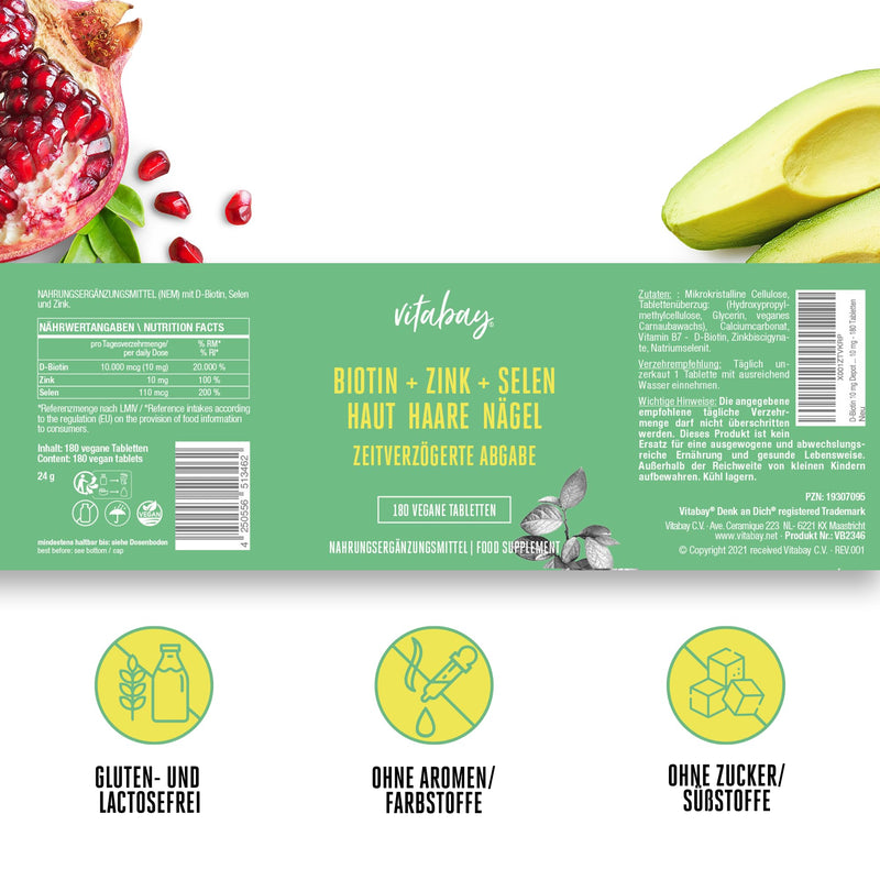 [Australia] - Vitabay Biotin High Dose 10000mcg 180 Tablets Time Released & Vegan - Hair Vitamins Hair Vitamins Biotin Hair Biotin Zinc Selenium Skin Hair Nails Capsules - Hair Vitamins for Women Biotin Tablets 24 g (Pack of 1) 