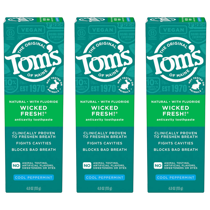 [Australia] - Tom's of Maine Wicked Fresh! Natural Fluoride Anticavity Toothpaste, 3 Pack, 4.0oz Peppermint 4 Ounce (Pack of 3) 