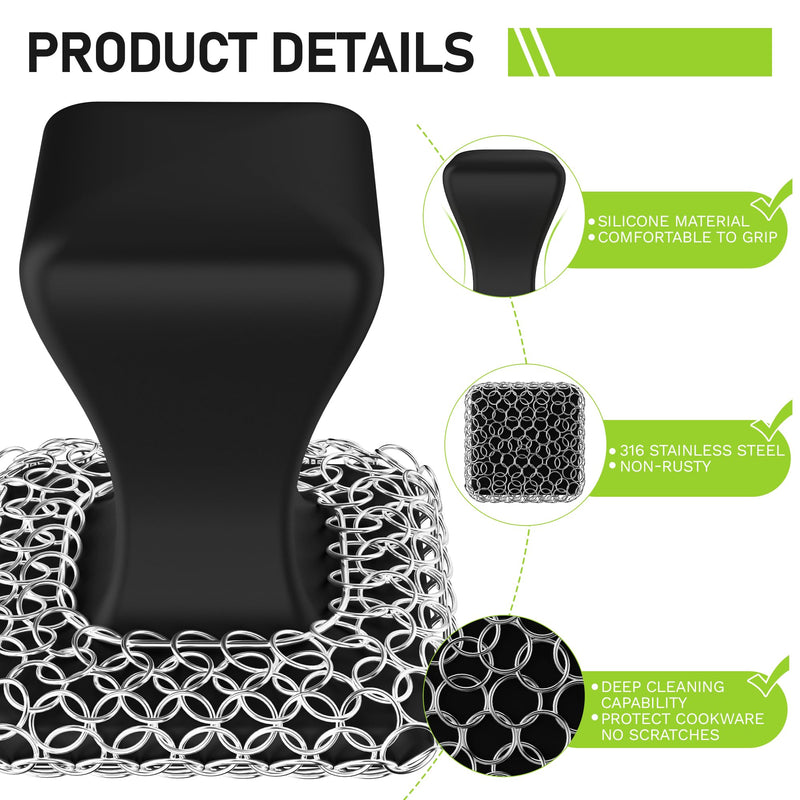 [Australia] - Cast Iron Scrubber & Scraper Kit, 316 Stainless Steel Cast Iron Skillet Cleaner Chainmail Scrubber for Cast Iron Pans Dish Scrub Brush Chain Link Scouring Pad for More Pot Cookware Cleaning Black 