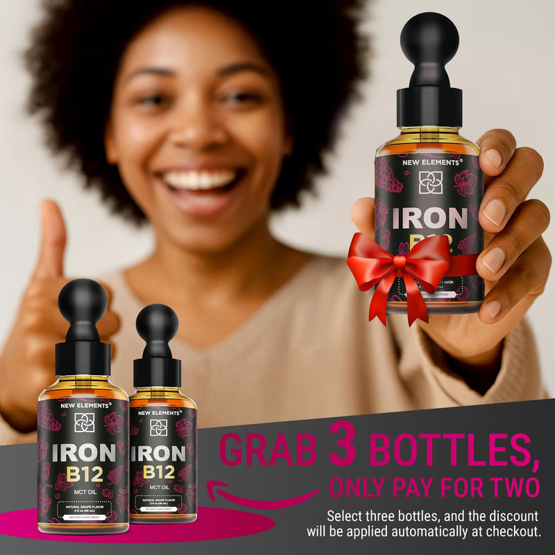 New Elements Liquid Iron Supplement for Women & Men with Vitamin B12 5000mcg - Free Blood Builder for Anemia - Liquid Vitamin B12 Drops for Adults with MCT Oil, Natural Grape Flavor, 2 Fl Oz