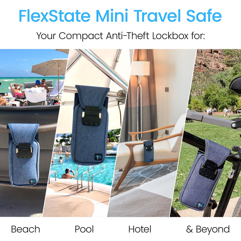 Mini Portable Travel Safe Anti-Theft Lock Box Beach Pool Hotel Gym | Blue mini safe in cut-resistant nylon. Water-resistant with RFID blocking. For phones and valuables at the beach or hotel.