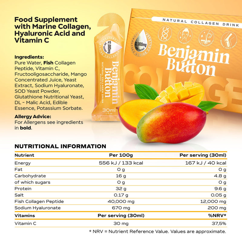Benjamin Button Marine Collagen Liquid Sachet w/Hyaluronic Acid & Vitamin C | for Hair, Skin, Nails & Joints | 12,000mg High Strength Hydrolysed Collagen (Mango, 14x Sachets) Mango Pack of 14