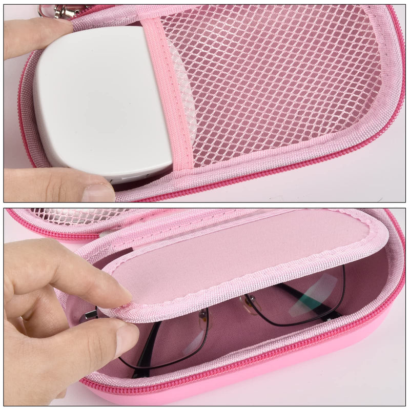 Portable 2 in 1 Contact Lens Case and Glasses Case, Traveling Contact Cases Bag Box Holder with Soak Storage Kit Included Built-in Mirror, Tweezer, Contact Lens Solution Bottle and Hand Strap-Pink Pink