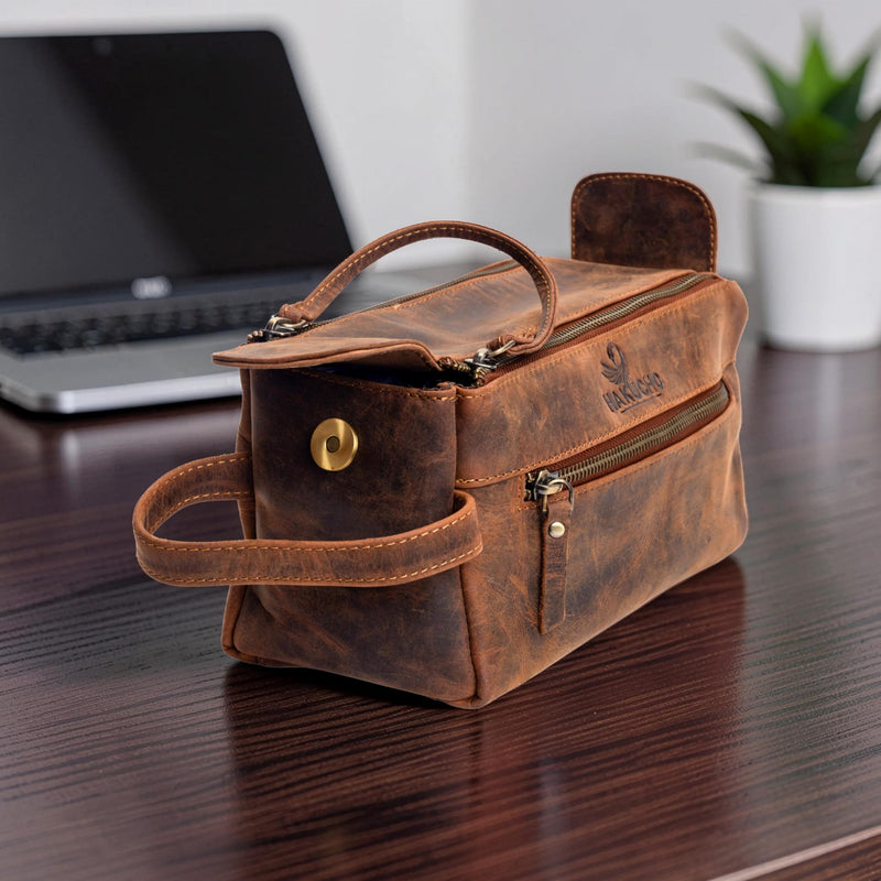 Full Grain Leather Toiletry Bag for Men & Women – Water-Resistant Travel Shaving Kit Organizer with YKK Zipper, Spacious Bathroom Grooming & Cosmetic Storage Case, Dopp kits (Tan Brown) Tan brown 1
