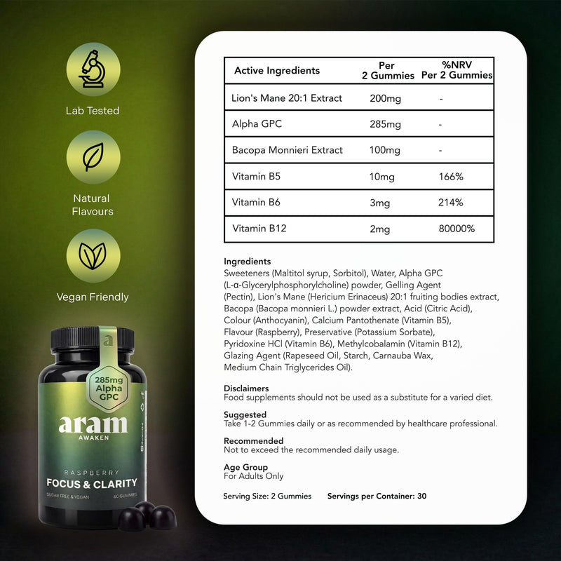 ARAM Awaken Focus & Clarity Gummies | Lion’s Mane 20:1, Alpha GPC & Bacopa Monnieri| High Strength Nootropic Formula with Methylated Vitamin B12 | Brain Support | Sugar Free Vegan | 60 Gummies