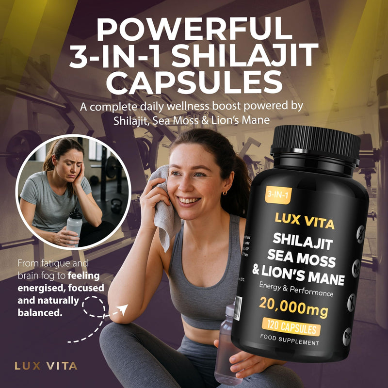 Shilajit with Sea Moss & Lion’s Mane Capsules – 3-in-1 | 4 Month Supply | Herbal Energy, Brain Focus, Daily Mineral & Vitality Supplement – Vegan High Strength Formula | Lux Vita