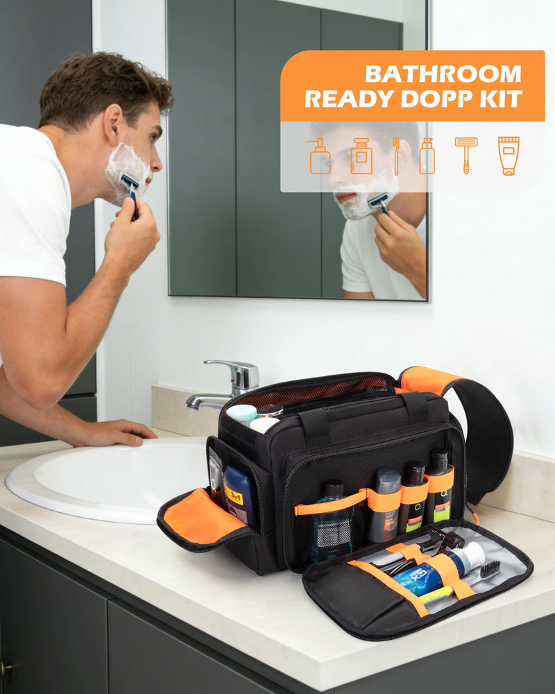 Tactical Travel Toiletry Bag for Men, Extra Large Dopp Kit Organizer | Large Toiletry Bag with Dual Way Zippers, Tactical Design, Wet & Dry Separation,Travel Hygiene Bag for Shaving Grooming Black