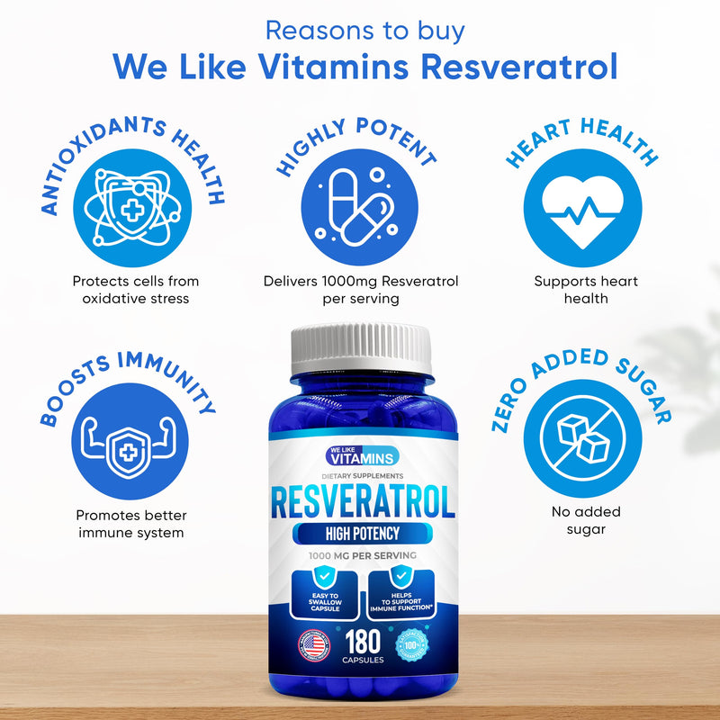 [Australia] - We Like Vitamins Resveratrol 1000mg per Serving - 180 Easy to Swallow Veggie Capsules - Natural Resveratrol Supplement 1000mg - Antioxidant Supplement Helps Support Anti-Aging and Immune System 180 Count (Pack of 1) 