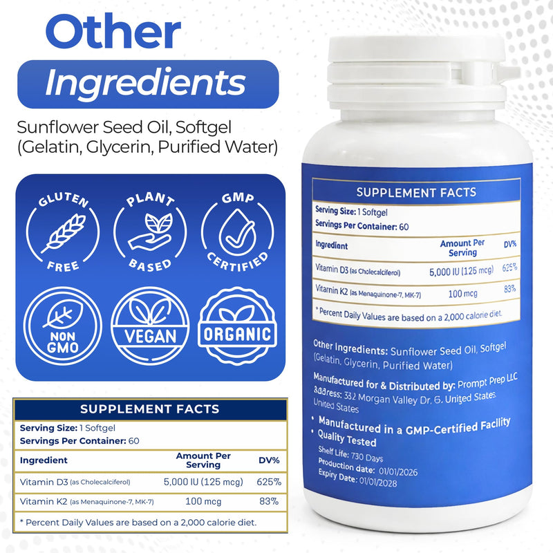 Vitamin D3 K2 Softgels, 5000 IU D3 with K2 MK-7, Bone & Heart Support Supplement – High Absorption Oil-Based Formula, Non-GMO, Sunflower Oil Softgels – 60 Count – 60 Day Supply