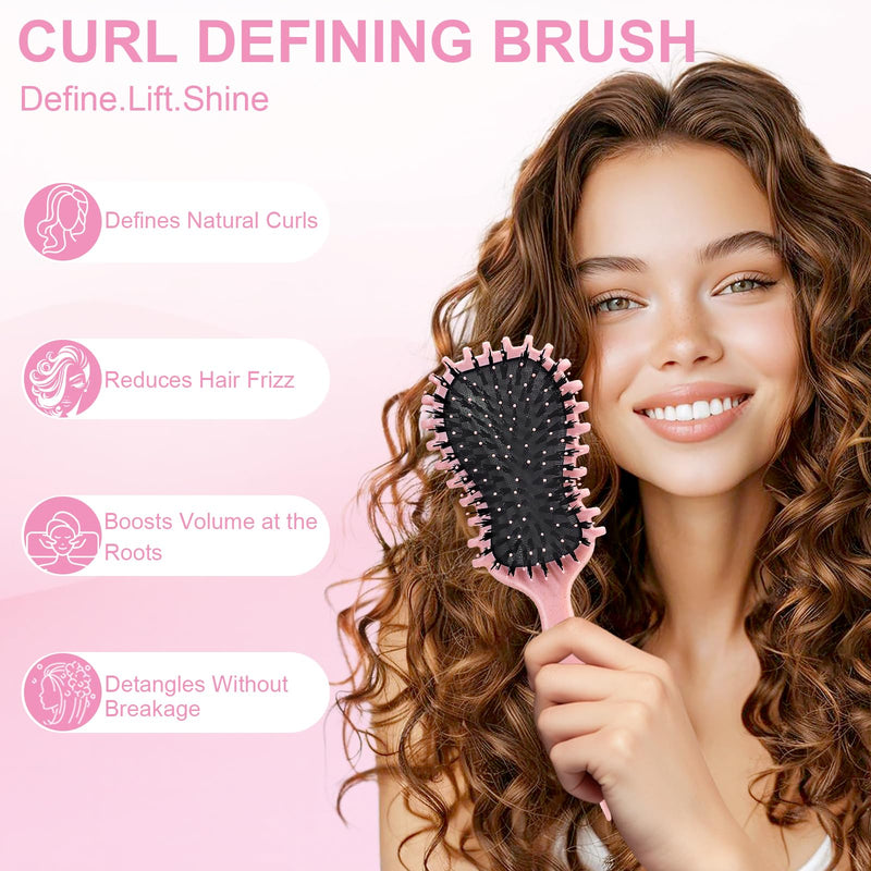 DUAIU 5Pcs Hair Brush Set, Curl Defining Brush for Detangling, Boar Bristles Paddle Brush and Wide Tooth & Rat Tail Comb Set with Travel-Sized Mirror, Hair Style Care Gift Kit for Women Men Kids(Pink) Pink