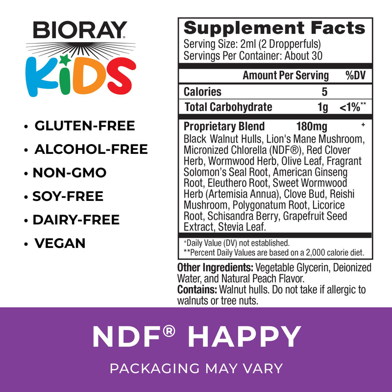 [Australia] - BIORAY Kids NDF Happy, Peach - 2 fl oz - Removes Unwanted Organisms That Can Trigger Irritability - 1-2 Month Supply 