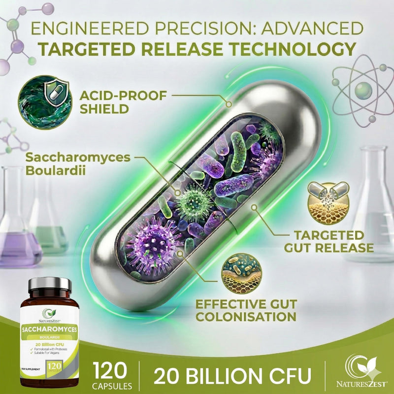 Saccharomyces Boulardii 20 Billion CFU - 120 Capsules | High Strength Prebiotics and Probiotics for Women & Men | Digestion Supplement with Natural Postbiotic Benefits | Vegan | 4 Months Supply