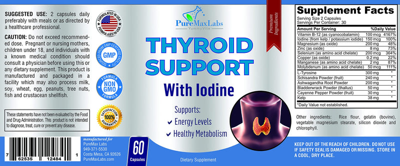 [Australia] - Thyroid Support with Iodine - Metabolism Booster, Energy Booster, Increase Focus - Premium Non-GMO Thyroid Supplement 60 Capsules 
