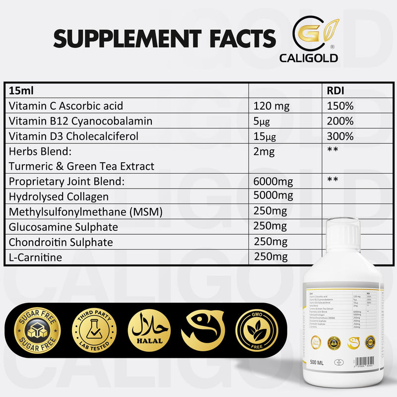 CALIGOLD Health Joint Support Supplement Liquid 500 ml with Collagen, Vitamin C, MSM, Glucosamine & Chondroitin, High-Absorption Formula for Joint Health & Mobility