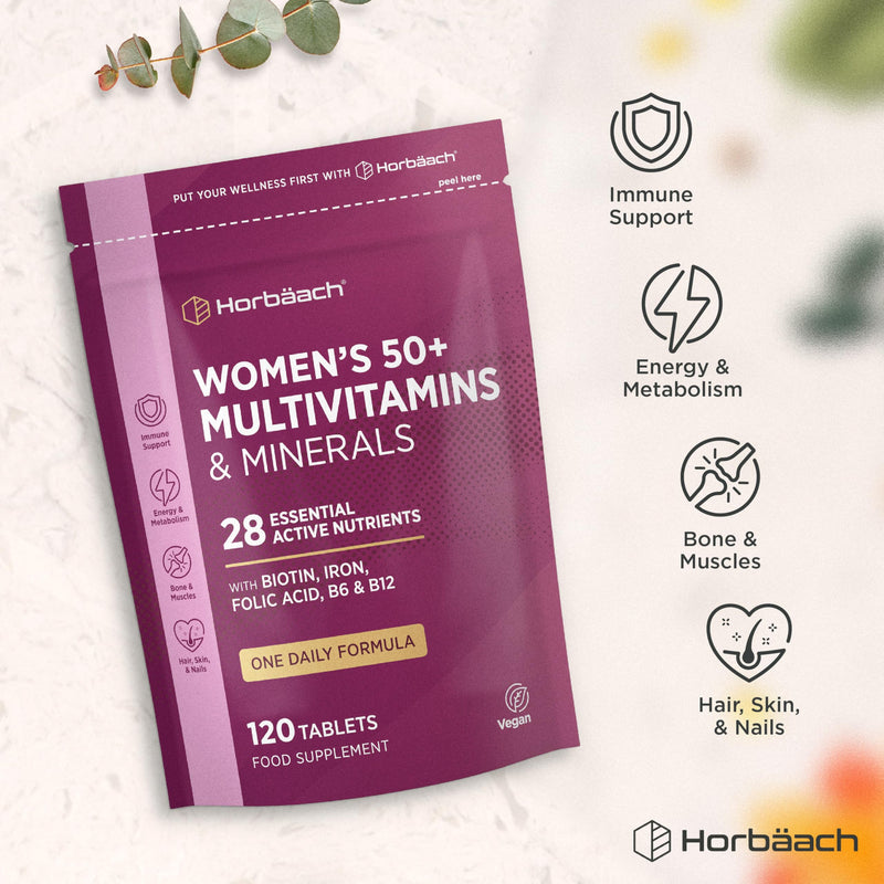Multivitamins for Women 50+ | 4 Months Supply | 28 Essential Vitamins & Minerals Including Biotin, Iron, Folic Acid, B6, B12, Calcium, Zinc, Vitamin C & More! | 120 Vegan Tablets | by Horbaach