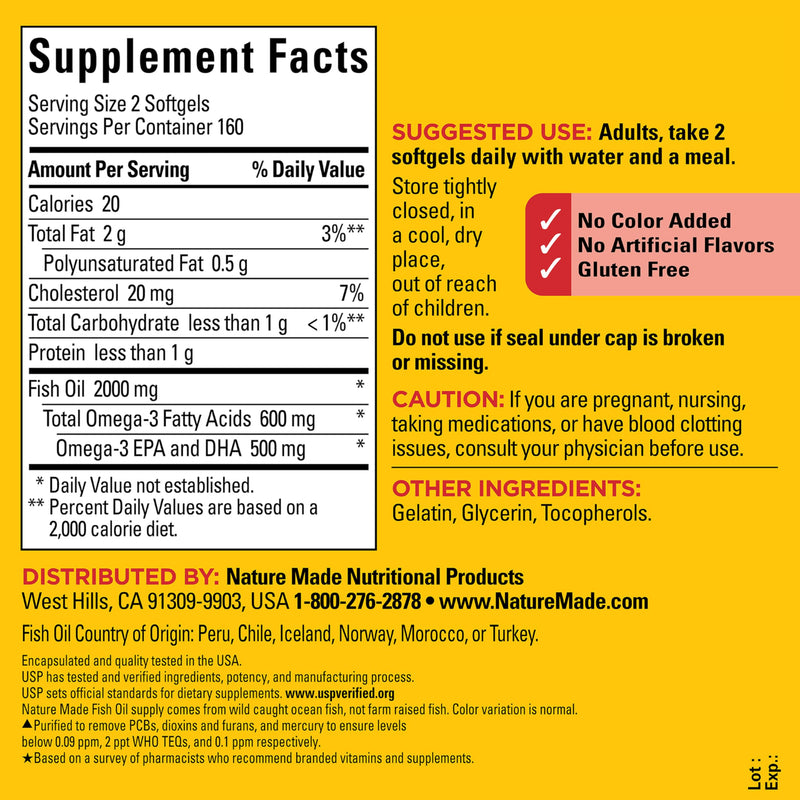 Nature Made Fish Oil Omega 3 Supplements, 1000mg Softgels, 320 Softgels | Omega 3 Fish Oil for Healthy Heart Support, Gluten Free, Dairy Free, 160 Day Supply 320 Count (Pack of 1)