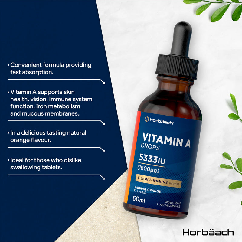 Vitamin A Drops 5333IU | 60 mL | High Strength Vitamin A as Retinol Palmitate | Vegan Liquid Oral Supplement for Adults | Orange Flavour | By Horbaach
