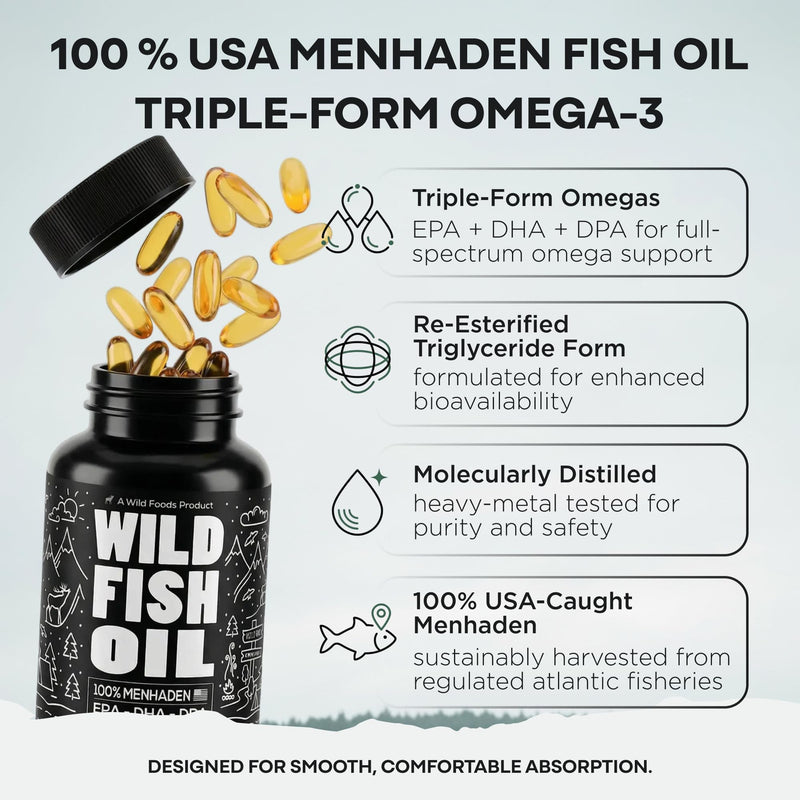 Wild Foods Fish Oil Omega 3 Supplements, 1600mg EPA DHA DPA, 60 Capsules | Burpless, Odorless, Non-GMO, Gluten Free, Supports Brain, Heart & Joint Health, 30 Servings, 1 Pack, Worldwide Sourced 60 Count (Pack of 1)