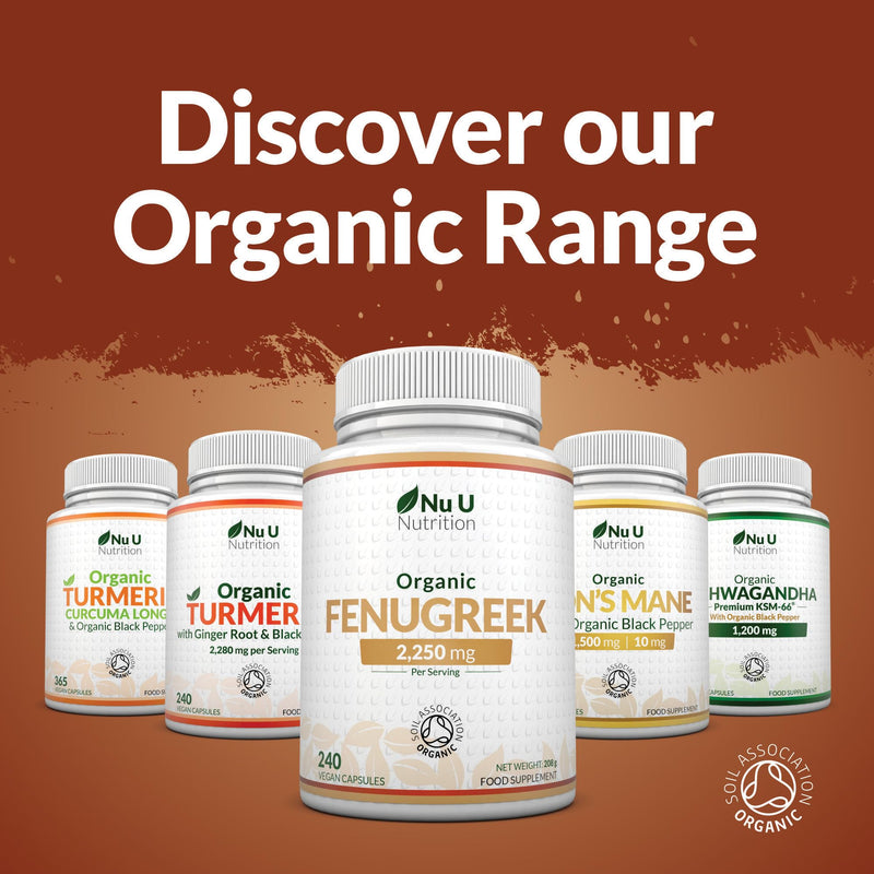 Organic Fenugreek Capsules 2250mg - 240 Vegan Capsules - 100% Pure Fenugreek Powder - Soil Association Certified - Fenu Greek Supplement for Women & Men - Made in the UK - Nu U Nutrition
