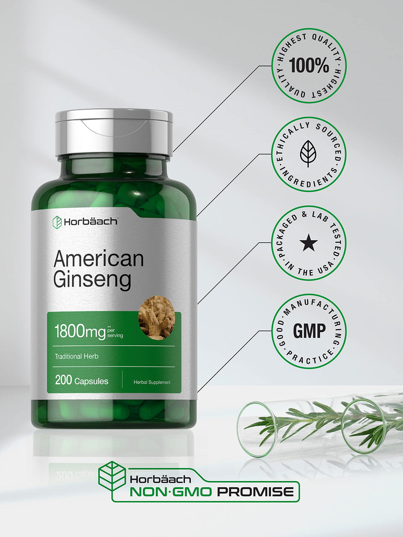 Horbäach American Ginseng Capsules | 1800 mg | 200 Count | Non-GMO, Gluten Free Supplement | Ginseng Root Extract Complex