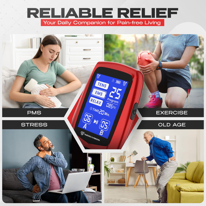 NEOCARBON TENS Unit Muscle Stimulator Ergo Machine for Pain Relief, Red | Advanced Pain Relief & PMS Comfort, Ergonomic & User-Friendly Design, Long-Lasting Power & Portability, Electrode Pads & Kit