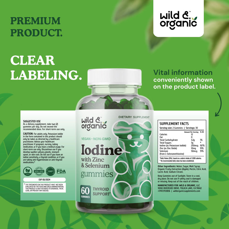 [Australia] - Wild & Organic Iodine Gummies 250mcg - Immune Support Complex w/Potassium Iodide - Selenium Zinc Iodine Supplement for Immune Support - 60 Pectin-Based Gummies - Vegan Supplement with Iodine 