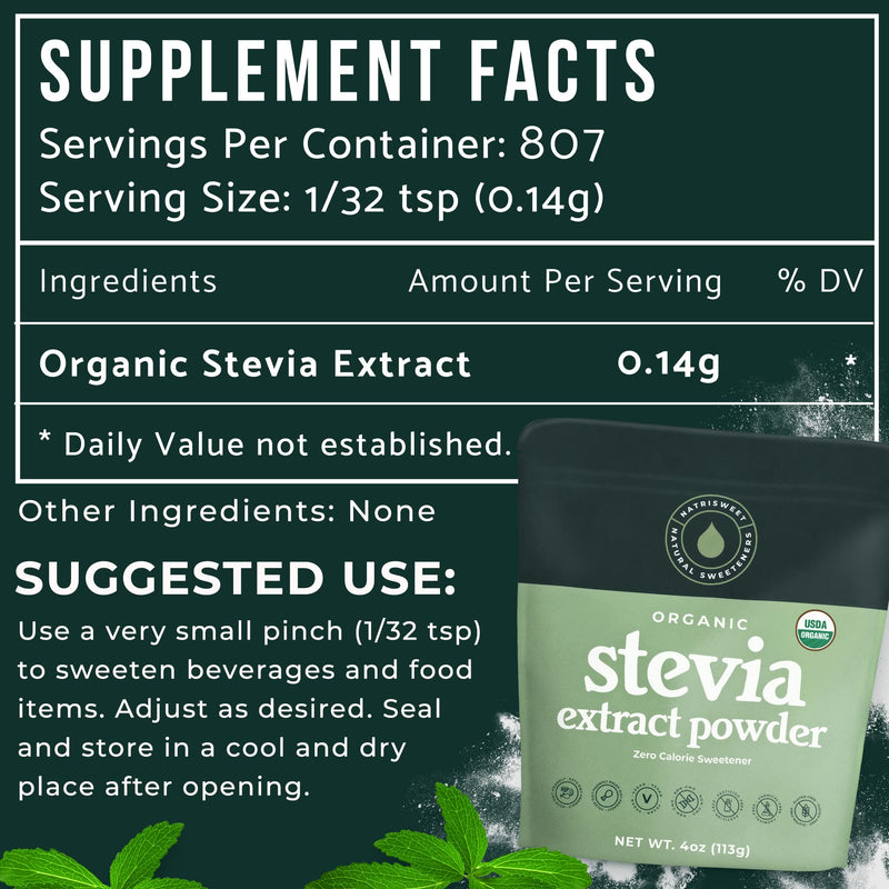 [Australia] - NatriSweet Stevia Powder, 4 oz, Pure Stevia Sweetener with No Additives, No Fillers, Zero Carbs, Zero Calorie, Organic Stevia Powder For Sugar Substitute, 300 Times Sweeter Than Sugar, 800+ Servings 