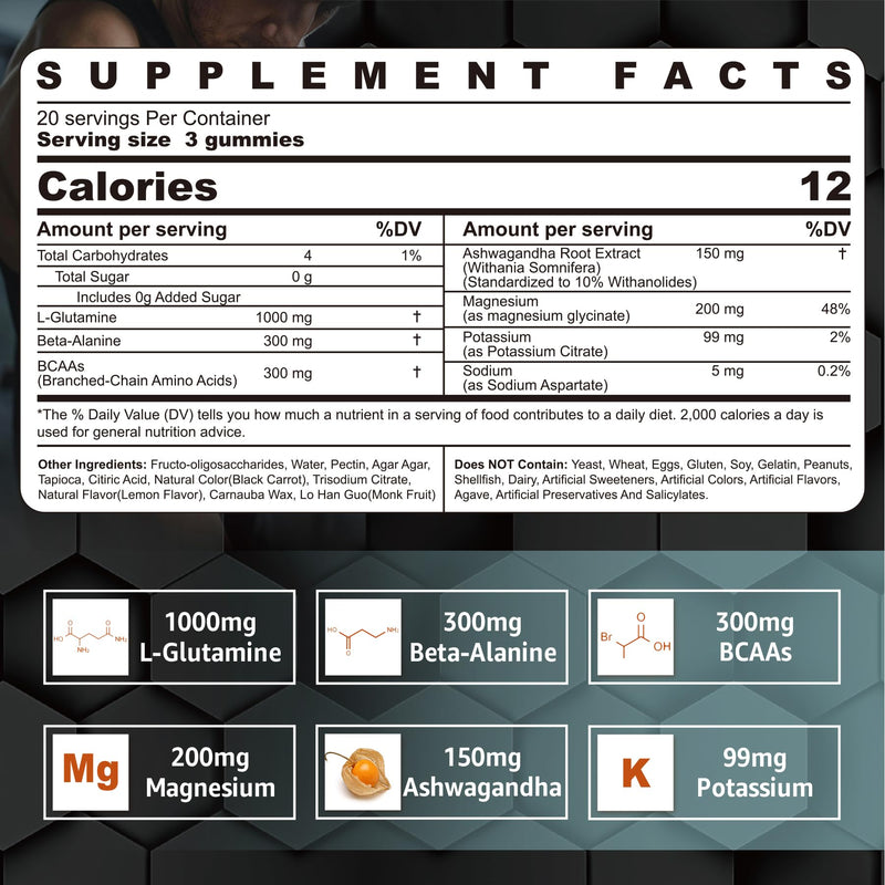 [Australia] - L-Glutamine 1000mg Gummies for Women & Men| with Beta-Alanine, BCAAs, Magnesium Glycinate, Potassium & Ashwagandha | Vegan | Sugar-Free & Extra-Chewy | 120 Counts 60 Count (Pack of 2) 