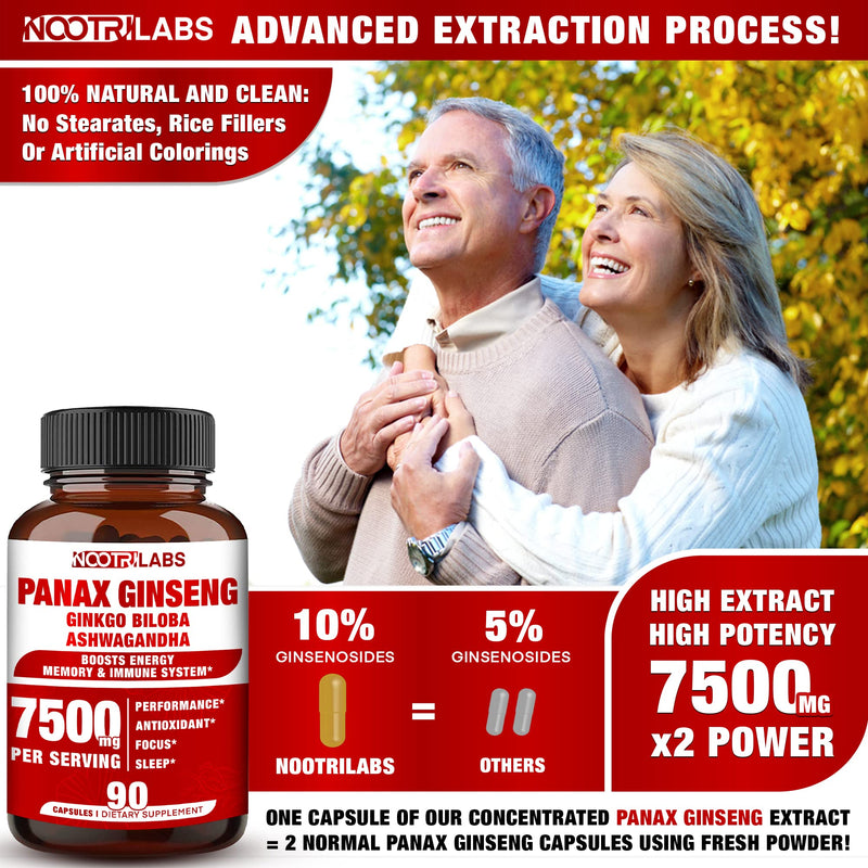 [Australia] - Korean Red Panax Ginseng 7500mg Highest Potency with Ginkgo Biloba and Ashwagandha, Boost Energy, Memory, and Immune System - Focus Supplement Pills for Men and Women, 90 Vegan Capsules 