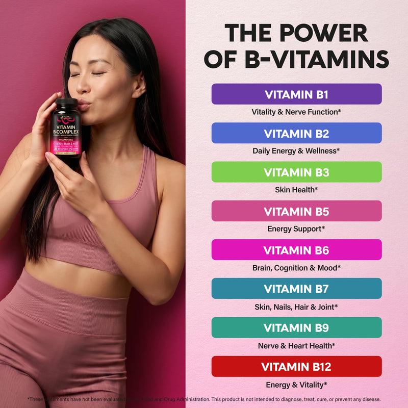 Vitamin B Complex for Men & Women - Full B-Complex & Vitamin B12 - 60 Caps | B1, B2, B3, B5, B6, B7, B9, B12 with Vitamin C, Magnesium, Choline, Inositol - Energy, Brain & Mood Support Supplement 60 Count (Pack of 1)