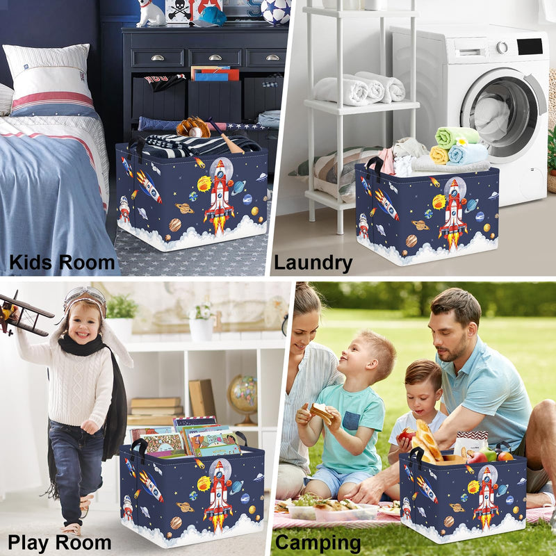 [Australia] - Clastyle Space Rocket Launch Storage Basket Boy Pool Beach Towel Bin Blue Planets Toy Book Shelf Basket Meteorit Rectangle Gift Clothes Cube 40*30*30 cm 