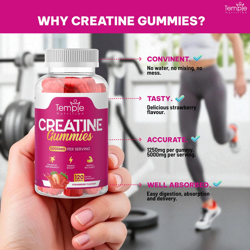 NEW Creatine Monohydrate Gummies 5000mg for Men & Women - 120 Chewable Creatine Gummies (1 Months Supply) - Strawberry Flavoured Creatine, Pre Workout Gym Supplement, Suitable for Vegans