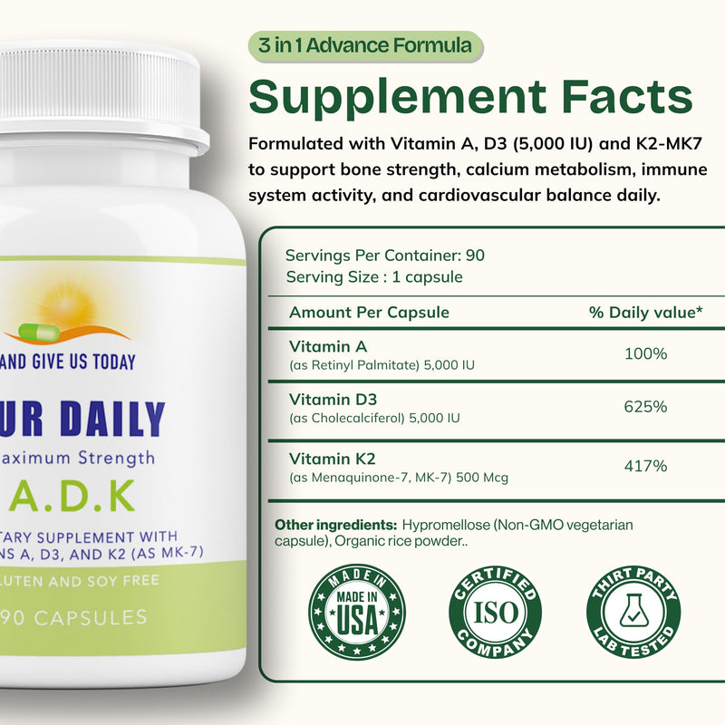Daily Vites ADK Vitamin Supplement – Vitamins A, D3 & K2 (MK-7) for Bone Health, Calcium Absorption, Heart & Immune Support – Physician Formulated – Non-GMO, Gluten Free – 90 Capsules, 90 Servings 90 Count (Pack of 1)