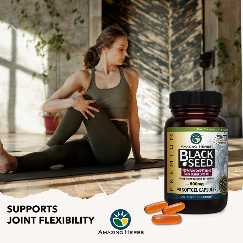 [Australia] - Amazing Herbs Premium Black Seed Oil Capsules - Cold Pressed Nigella Sativa Aids in Digestive Health, Immune Support, Brain Function, Gluten Free, Non GMO - 90 Count, 500mg 