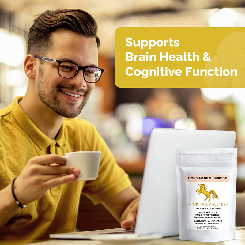 Addictive Wellness Lions Mane Supplement Powder, Premium Quality Lions Mane Mushroom Powder Dual-Extract Nootropic, Sugar Free, Vegan & Paleo Lion's Mane Mushroom Supplement - 1500 mg 50 g (Pack of 1)