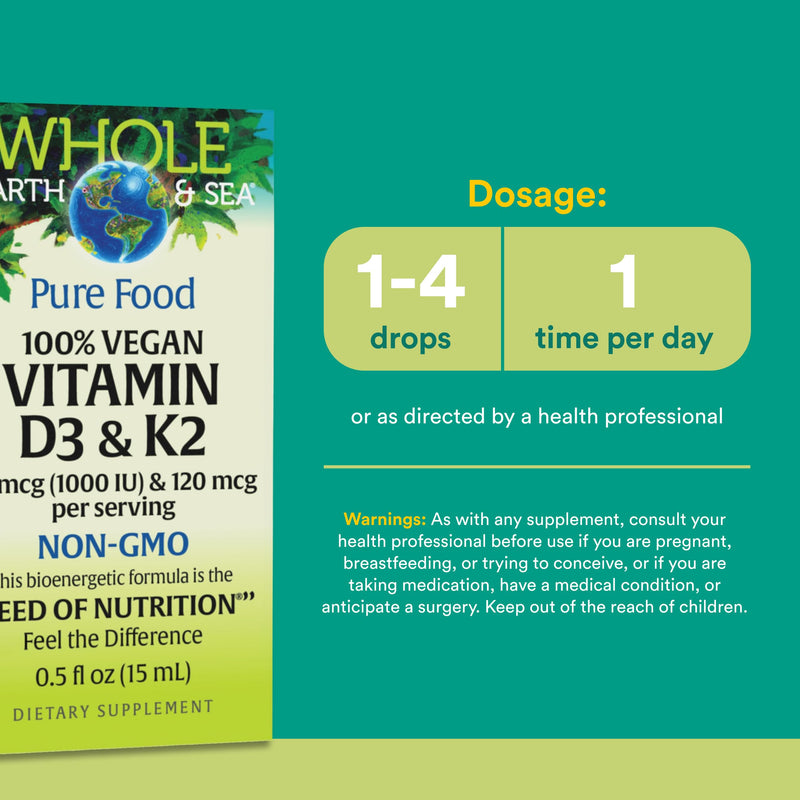 Natural Factors Whole Earth & SEA 100% Vegan Vitamin D3 & K2 25 MCG/120 MCG, 60 Vegetarian Capsules