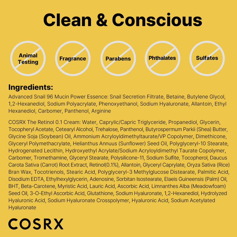 COSRX Glass Skin Korean Skincare Set- Advanced 96% Snail Mucin Serum (3.38fl oz * 2pcs) & Mini Sized 0.1% Retinol Cream for Face (0.1oz)- Korean Skin Care Gift Set, Anti Aging Set