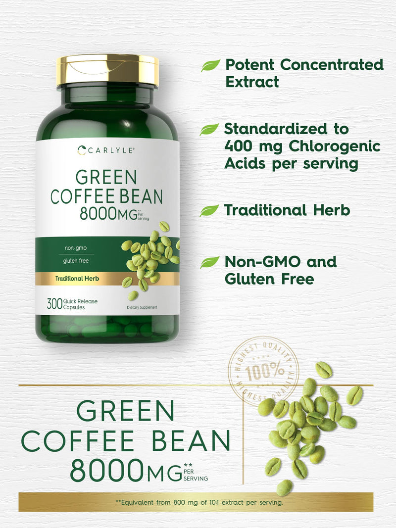 Carlyle Green Coffee Bean Extract | 8000 mg | 300 Capsules | Non-GMO and Gluten Free Formula | Traditional Herb Supplement