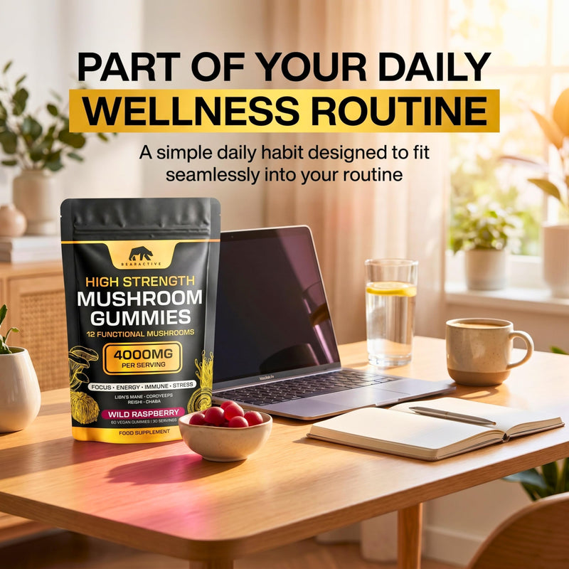 Mushroom Gummies 4000mg – 12 Functional Mushroom Complex with Lions Mane, Cordyceps, Reishi, Chaga, Maitake & Shiitake – Wild Raspberry Flavour – Vegan Food Supplement – 60 Gummies