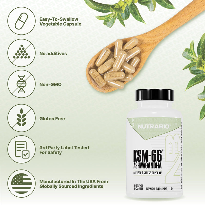 [Australia] - NutraBio Ashwagandha KSM-66 | Ashwaganda Herbal Supplement for Stress, Mood, & Performance | 600 MG of Clinically Studied KSM66 60 Capsules 60 Count (Pack of 1) 