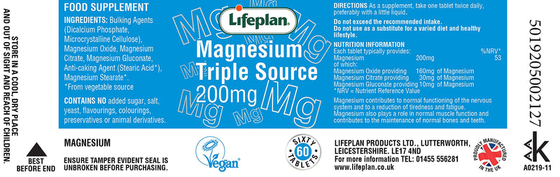 Lifeplan Magnesium 200mg Triple Source 2 x 60 Tablets