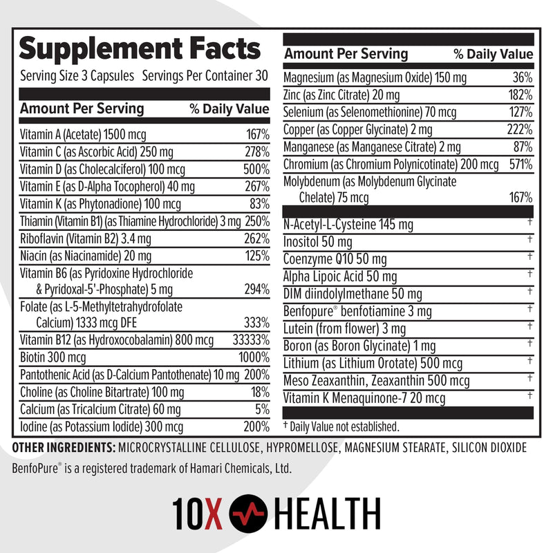 10X Health Methylated Multivitamin - 90 Capsules | Mthfr Supplement: 34-in-1 Formula, 800mcg B12, 5-MTHF & NAC, Methyl B Complex, Non-GMO 90 Count (Pack of 1)