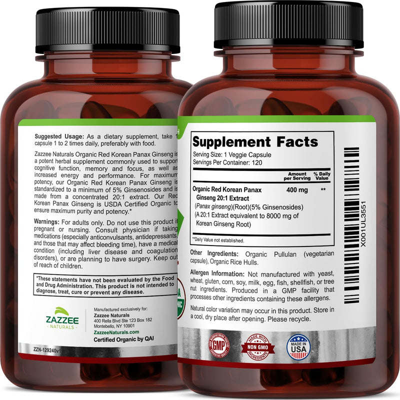 [Australia] - Zazzee USDA Organic Red Korean Panax Ginseng 20:1 Extract, 8000 mg Strength, 5% Ginsenosides, 120 Vegan Capsules, Standardized and Concentrated 20X Root Extract, 100% Vegetarian, All-Natural, Non-GMO 