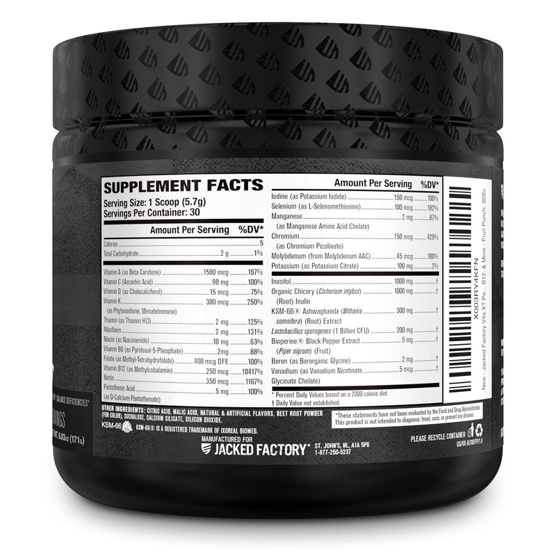 Jacked Factory Vita XT Performance Vitamin Powder - Daily Multivitamin Powder for Men with KSM-66 Ashwagandha, Prebiotic Fiber, Vitamin A, C, D, K, B6, B12, & More - Fruit Punch, 30Sv