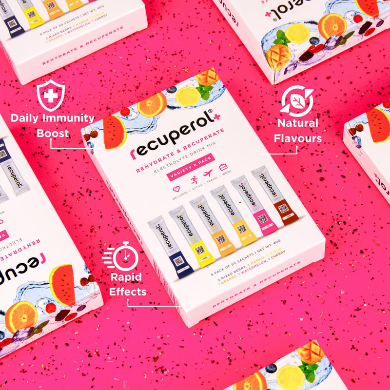 Recuperol Electrolytes Sachets - Rehydration Electrolytes Powder with Zinc, Vitamin C, B12, D3 & Potassium for Hydration - Sugar Free, Vegan & Low Calorie - Variety 30 Pack (6 Natural Flavours)