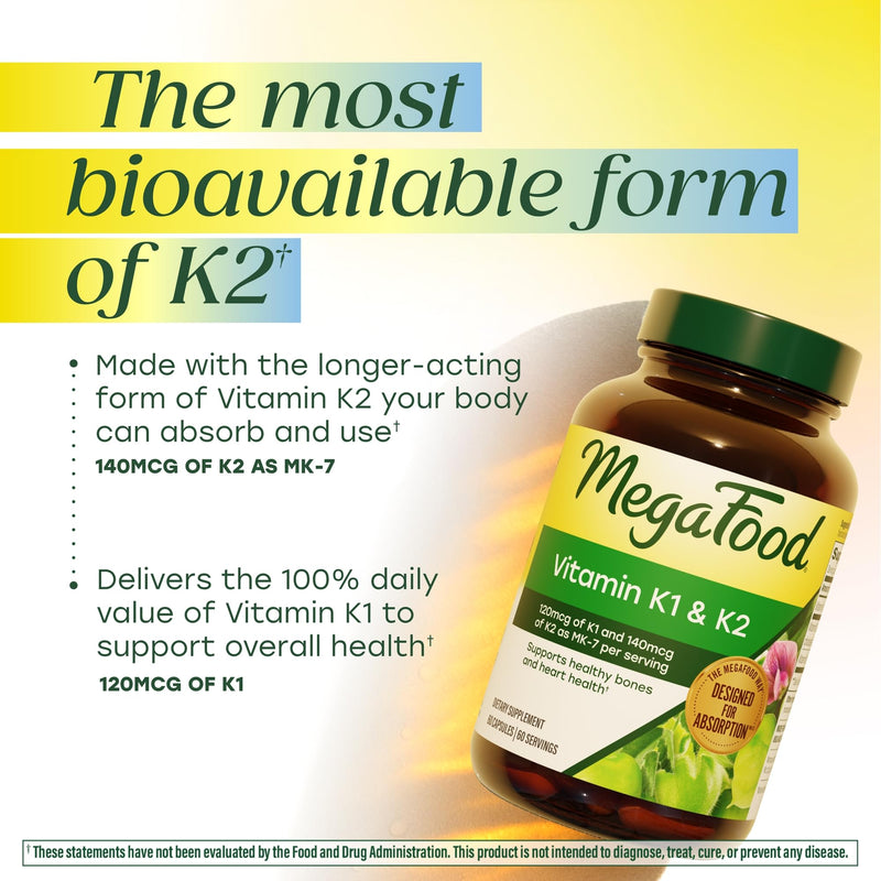 MegaFood Vitamin K1 & K2, Heart Health Support, 60 Capsules | Vitamin K2 MK7 from Fermented Chickpeas, Works with Calcium to Support Healthy Bones, Supports Heart Health, 60 Servings